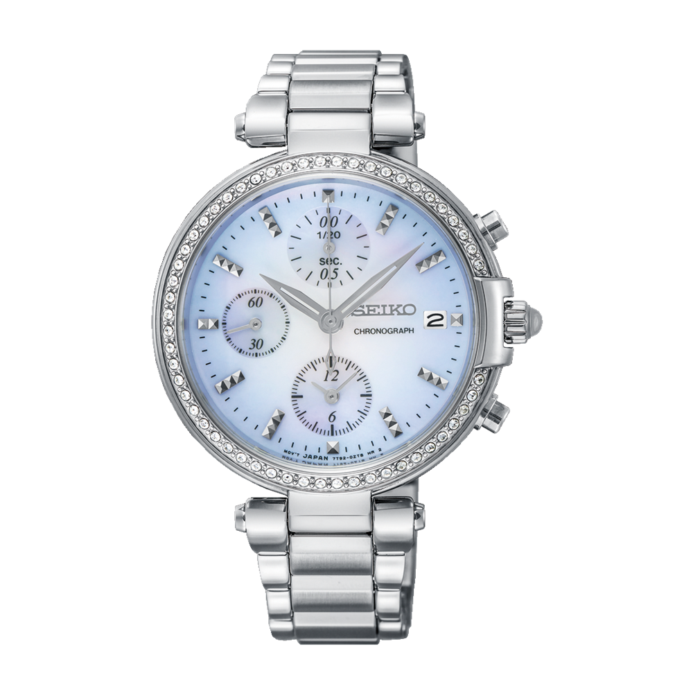 Seiko Crystal White Mother of Pearl Dial Ladies Watch SNDV39P1 – Japanese Made 36mm Chronograph, Stainless Steel, Crystal-Set Bezel, 30M Water Resistance