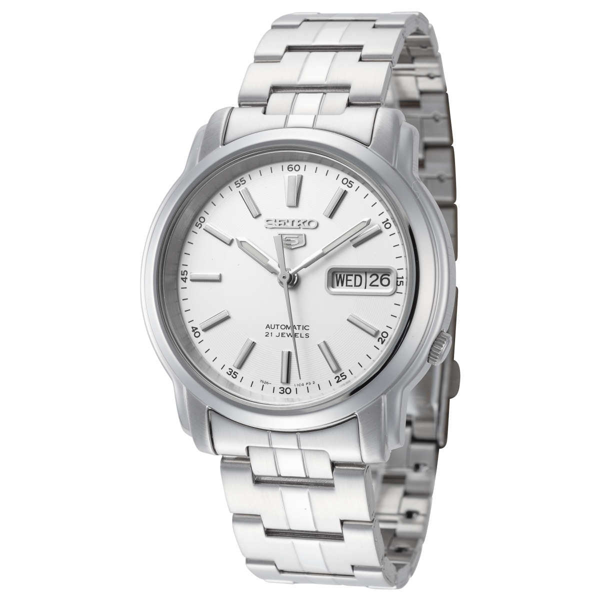 Seiko 5 SNKL75K1 – 38mm Automatic Watch, White Dial, Stainless Steel Bracelet, Hardlex Crystal, Day-Date Display, 30M Water Resistance