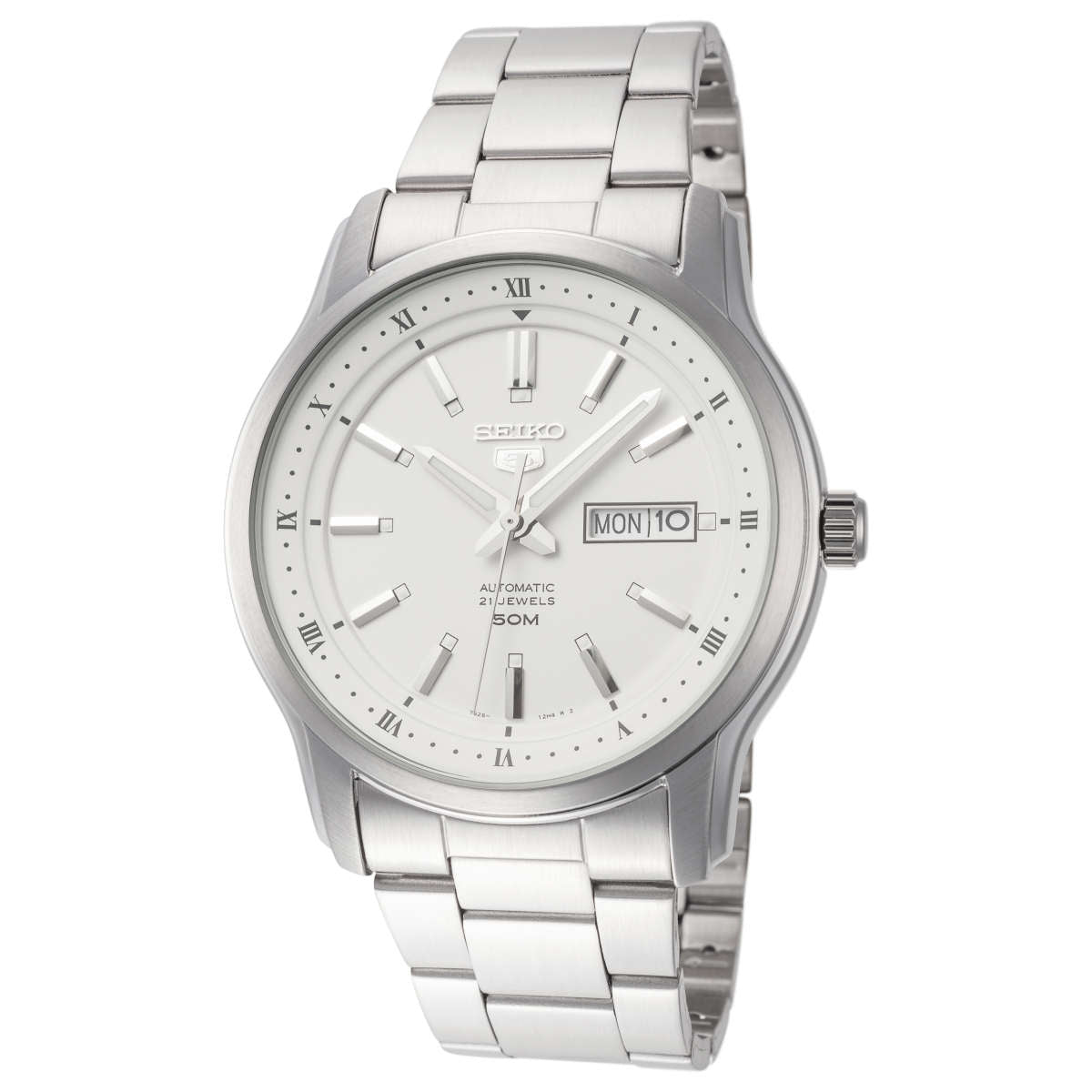 Seiko 5 White Dial Men's Watch SNKP09K1 – Japanese Made 42mm Automatic Watch, Stainless Steel, Hardlex Crystal, Day-Date Display, 50M Water Resistance