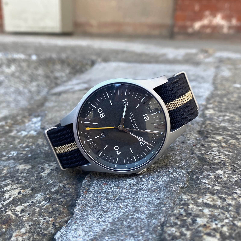 Sternglas TAIGA GMT 42mm Quartz Watch S01-TA11-NA04, Anthracite Silver Dial, Sapphire Crystal, Nylon NATO Black Strap, 10 ATM Water Resistant