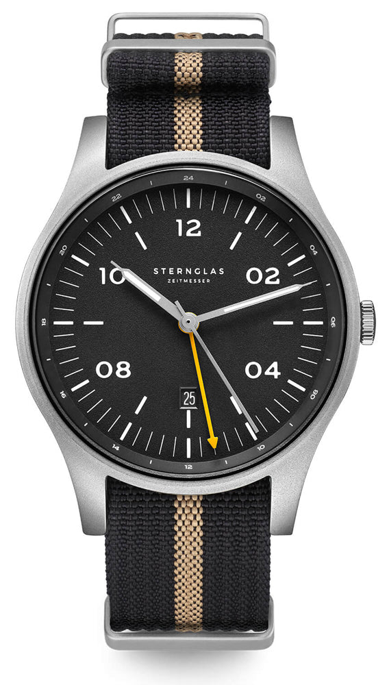 Sternglas TAIGA GMT 42mm Quartz Watch S01-TA11-NA04, Anthracite Silver Dial, Sapphire Crystal, Nylon NATO Black Strap, 10 ATM Water Resistant