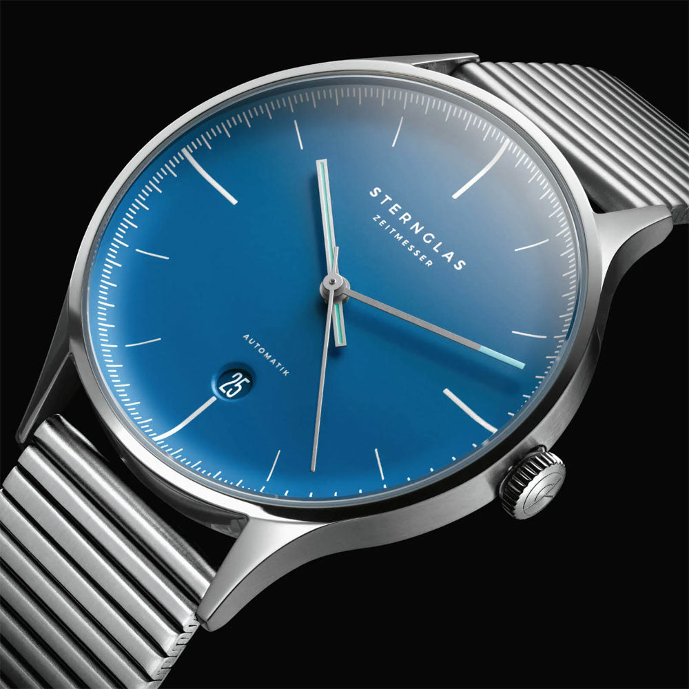 Sternglas ASTHET EDITION LUMARE 40mm Automatic Watch S02-ASL06-ME06, Blue Silver Dial, Sapphire Crystal, Segment Silver Stainless Steel Strap, 5 ATM Water Resistant