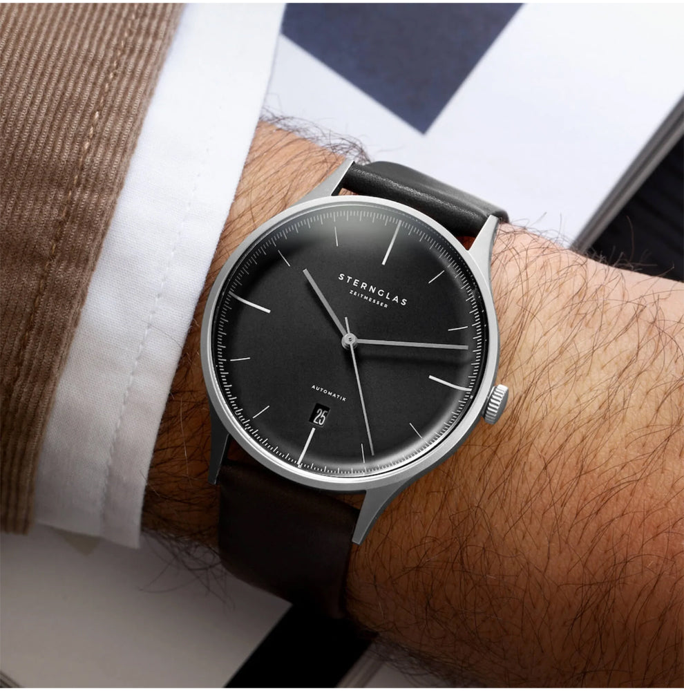 Sternglas ASTHET 40mm Automatic Watch S02-AS11-PR14, Anthracite Silver Dial, Sapphire Crystal, Premium Black Leather Strap, 5 ATM Water Resistant