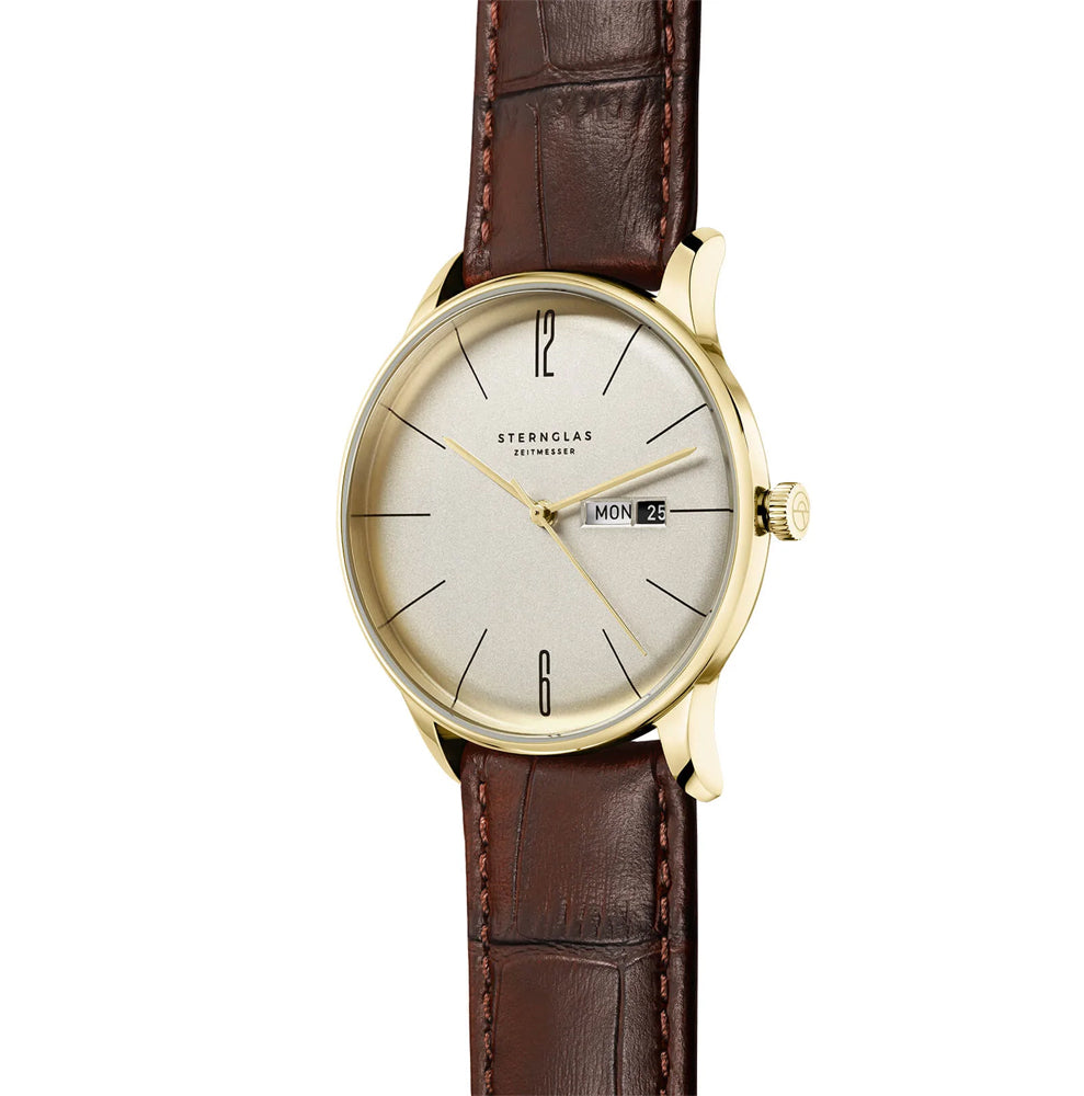 Sternglas BERLIN 38mm Quartz Watch S01-BE14-HE01, Sepia Gold Dial, Sapphire Crystal, Heritage Dark Brown Leather Strap, 5 ATM Water Resistant