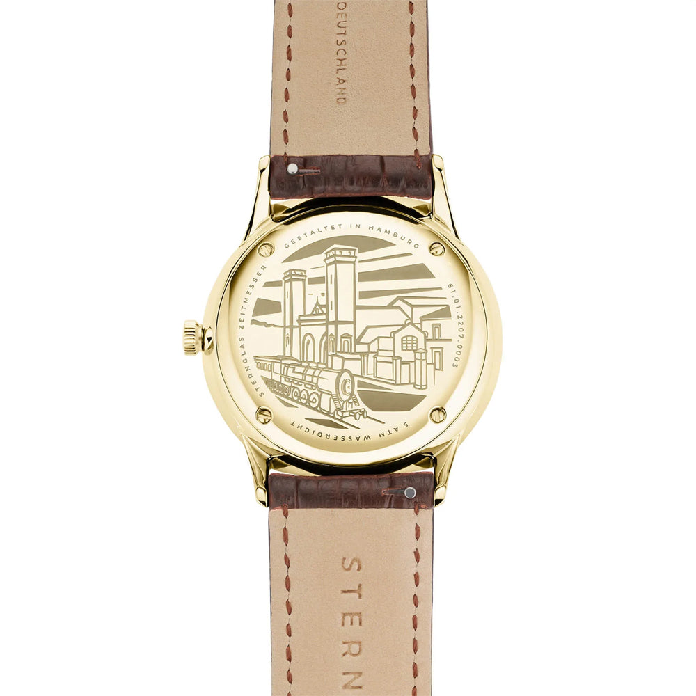 Sternglas BERLIN 38mm Quartz Watch S01-BE14-HE01, Sepia Gold Dial, Sapphire Crystal, Heritage Dark Brown Leather Strap, 5 ATM Water Resistant