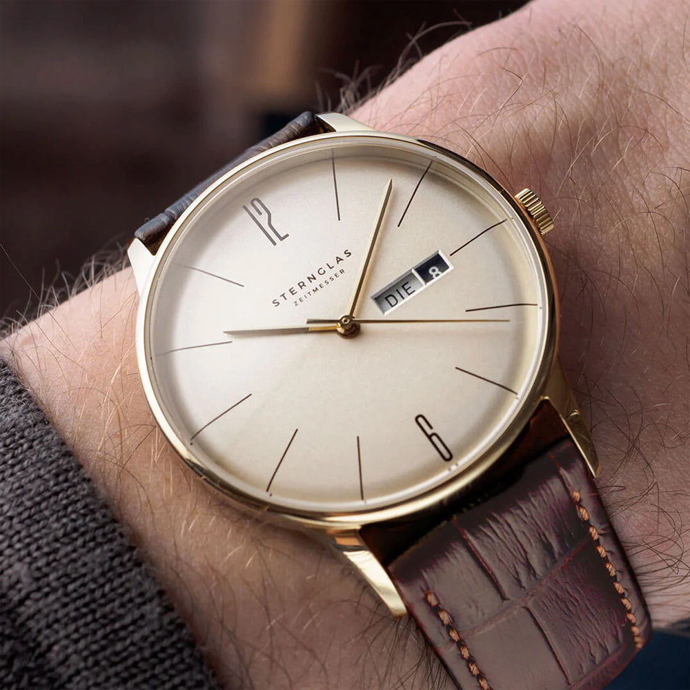 Sternglas BERLIN 38mm Quartz Watch S01-BE14-HE01, Sepia Gold Dial, Sapphire Crystal, Heritage Dark Brown Leather Strap, 5 ATM Water Resistant