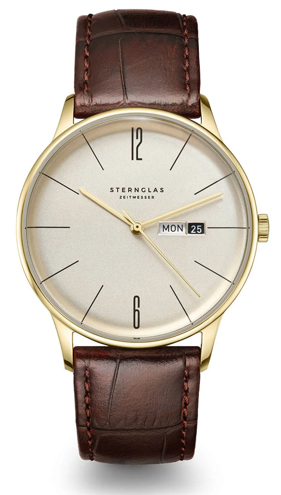 Sternglas BERLIN 38mm Quartz Watch S01-BE14-HE01, Sepia Gold Dial, Sapphire Crystal, Heritage Dark Brown Leather Strap, 5 ATM Water Resistant