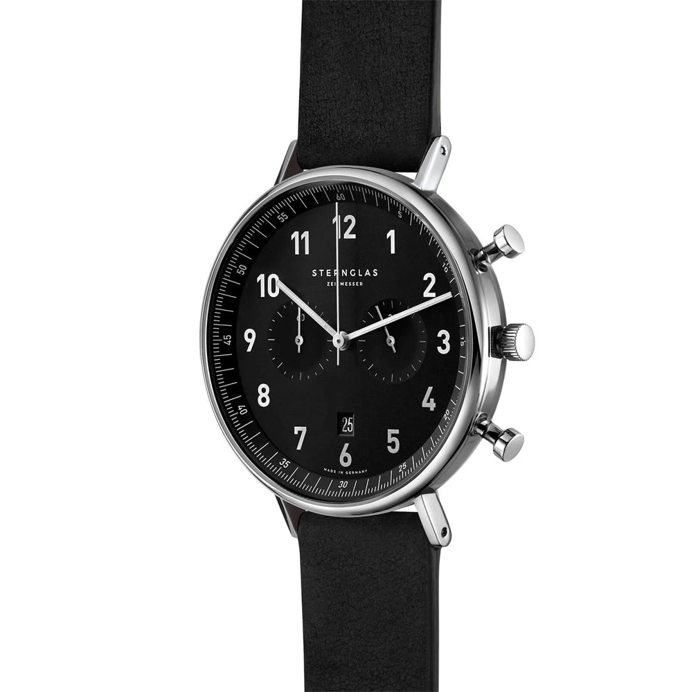 Sternglas Chrono 43mm Quartz Watch S01-CH03-VI15, Black-Black Dial, Sapphire Crystal, Vintage Nero Leather Strap, 5 ATM Water Resistant