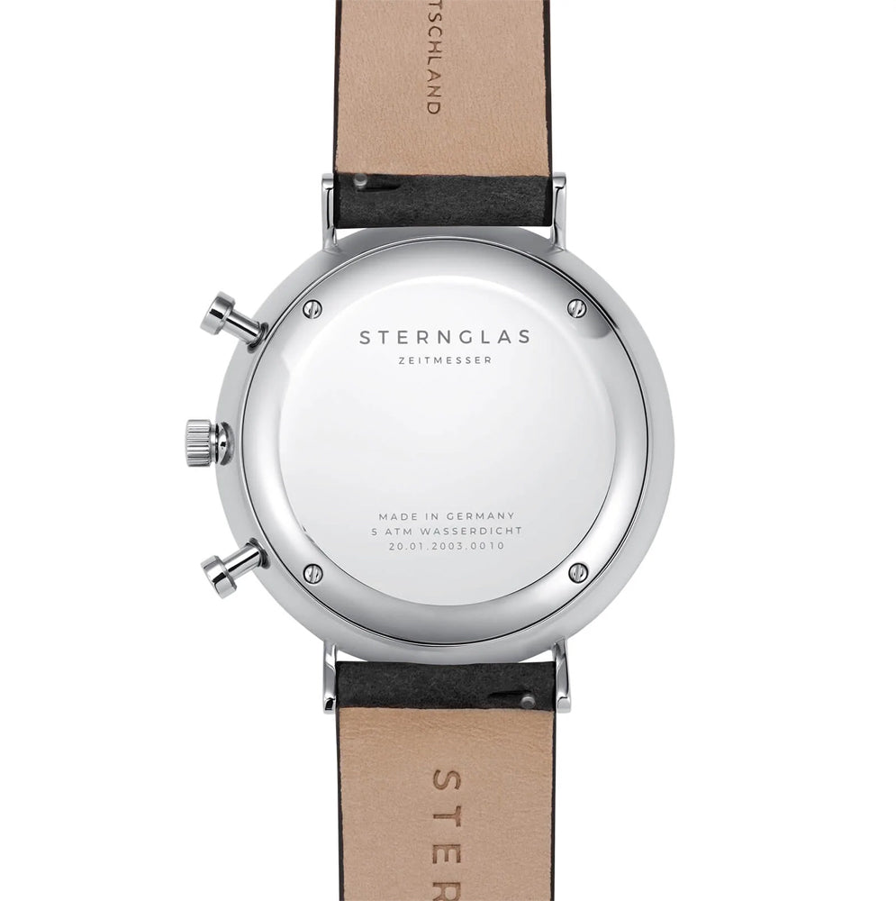 Sternglas Chrono 43mm Quartz Watch S01-CH03-VI15, Black-Black Dial, Sapphire Crystal, Vintage Nero Leather Strap, 5 ATM Water Resistant