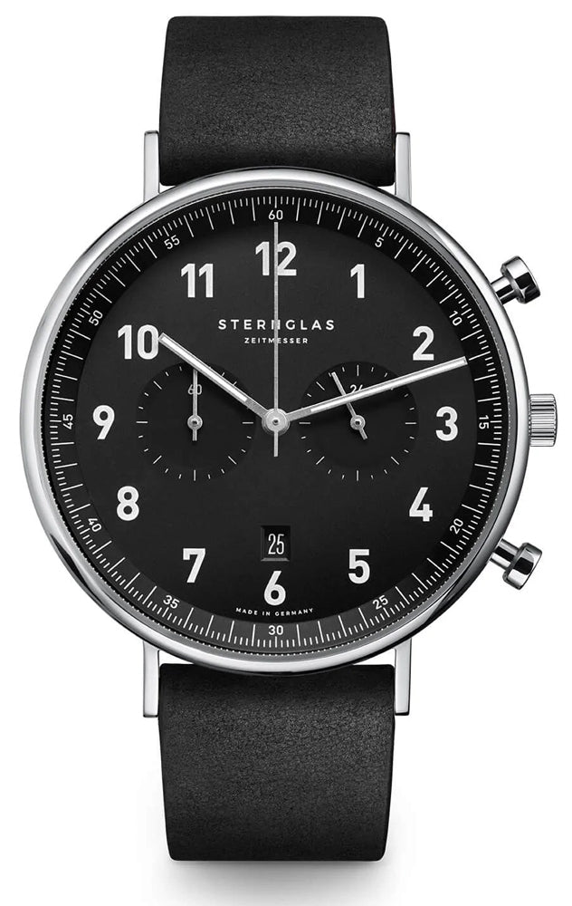 Sternglas Chrono 43mm Quartz Watch S01-CH03-VI15, Black-Black Dial, Sapphire Crystal, Vintage Nero Leather Strap, 5 ATM Water Resistant