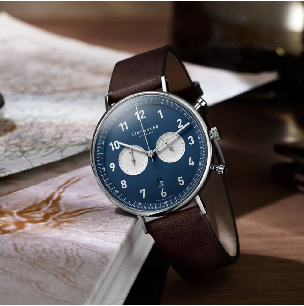 Sternglas Chrono 43mm Quartz Watch S01-CH06-VI11, Midnight Blue Dial, Sapphire Crystal, Vintage Brown Leather Strap, 5 ATM Water Resistant