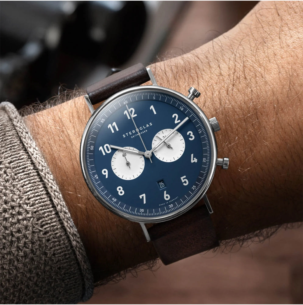 Sternglas Chrono 43mm Quartz Watch S01-CH06-VI11, Midnight Blue Dial, Sapphire Crystal, Vintage Brown Leather Strap, 5 ATM Water Resistant