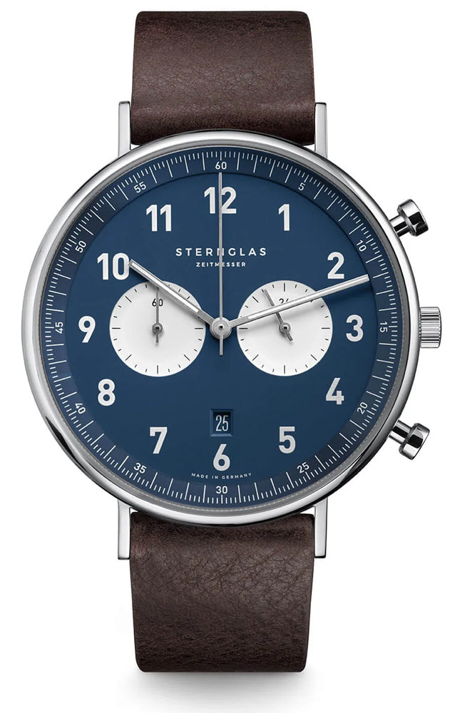 Sternglas Chrono 43mm Quartz Watch S01-CH06-VI11, Midnight Blue Dial, Sapphire Crystal, Vintage Brown Leather Strap, 5 ATM Water Resistant