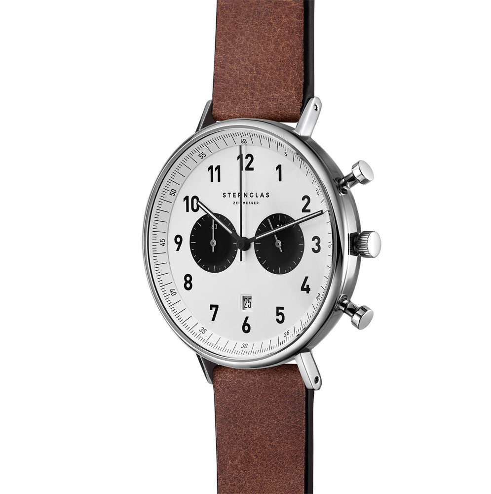 Sternglas Chrono 43mm Quartz Watch S01-CH01-VI14, White-Black Dial, Sapphire Crystal, Vintage Mahogany Leather Strap, 5 ATM Water Resistant