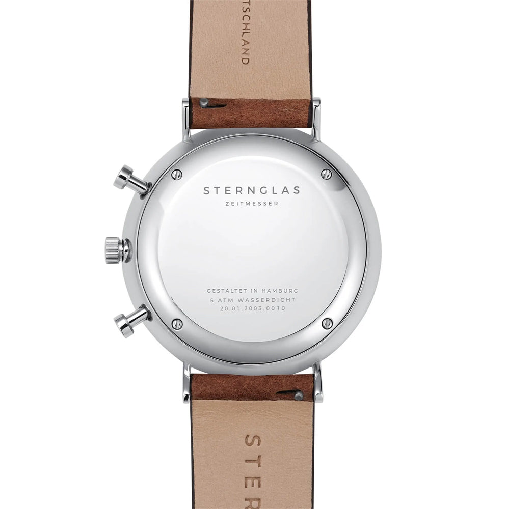 Sternglas Chrono 43mm Quartz Watch S01-CH01-VI14, White-Black Dial, Sapphire Crystal, Vintage Mahogany Leather Strap, 5 ATM Water Resistant