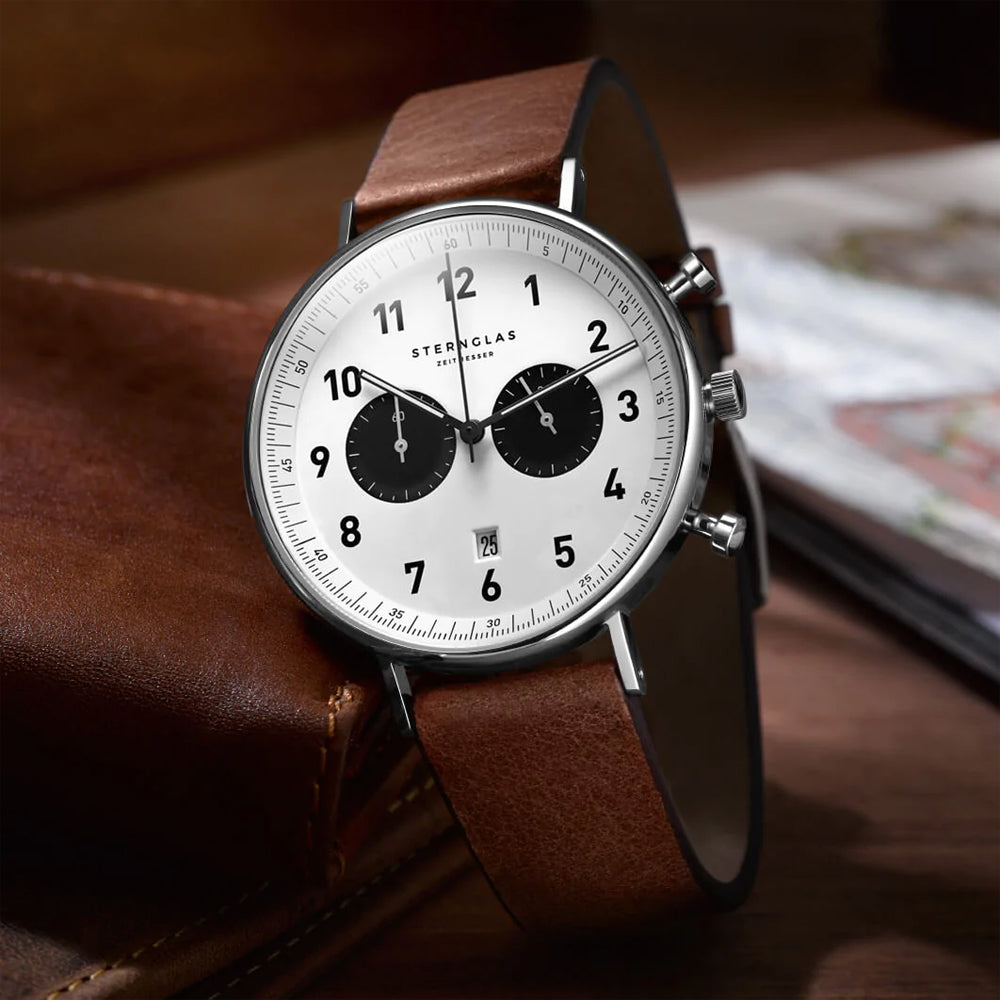 Sternglas Chrono 43mm Quartz Watch S01-CH01-VI14, White-Black Dial, Sapphire Crystal, Vintage Mahogany Leather Strap, 5 ATM Water Resistant