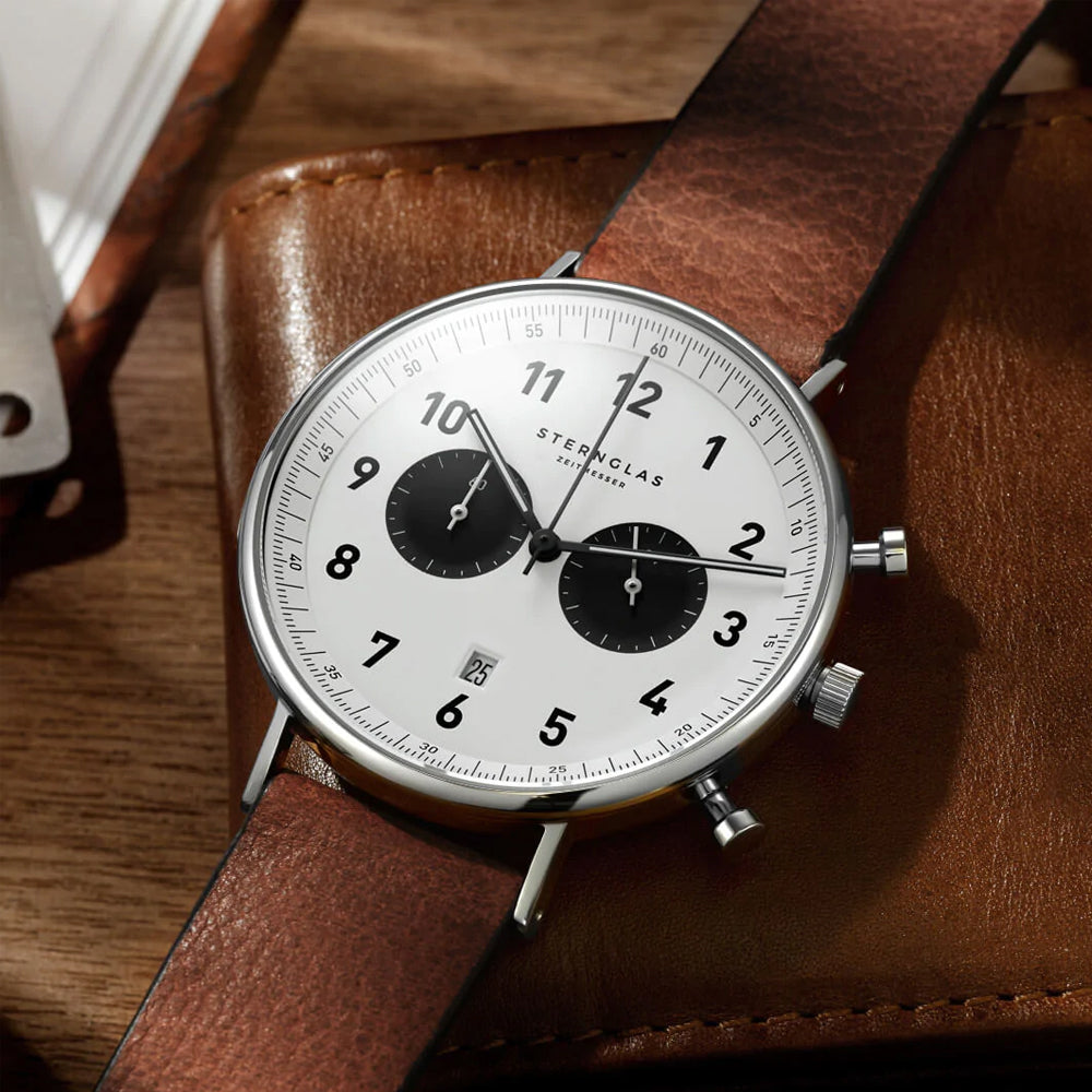 Sternglas Chrono 43mm Quartz Watch S01-CH01-VI14, White-Black Dial, Sapphire Crystal, Vintage Mahogany Leather Strap, 5 ATM Water Resistant