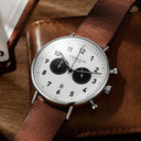 Sternglas Chrono 43mm Quartz Watch S01-CH01-VI14, White-Black Dial, Sapphire Crystal, Vintage Mahogany Leather Strap, 5 ATM Water Resistant
