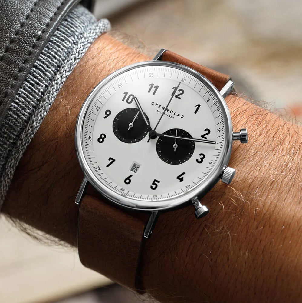 Sternglas Chrono 43mm Quartz Watch S01-CH01-VI14, White-Black Dial, Sapphire Crystal, Vintage Mahogany Leather Strap, 5 ATM Water Resistant