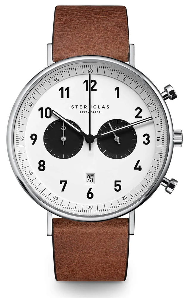 Sternglas Chrono 43mm Quartz Watch S01-CH01-VI14, White-Black Dial, Sapphire Crystal, Vintage Mahogany Leather Strap, 5 ATM Water Resistant