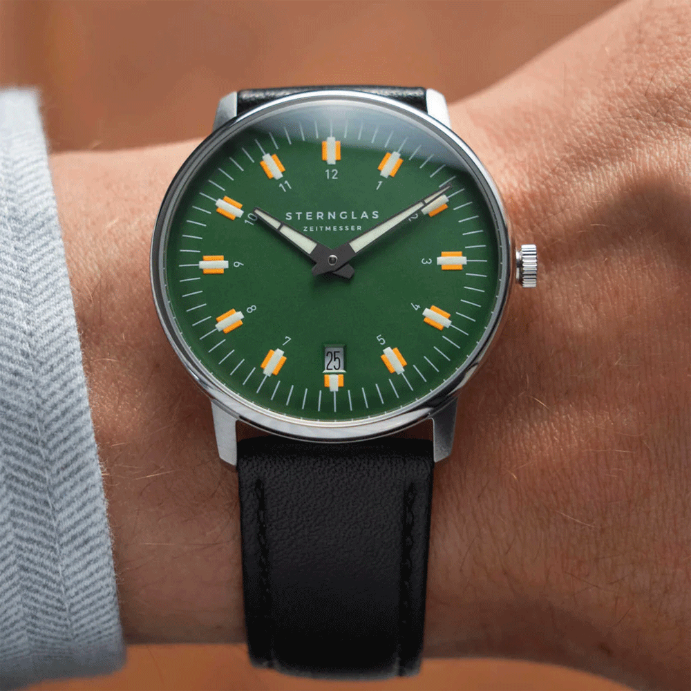 Sternglas EGOR 38mm Quartz Watch S01-EG08-BR02, Dark Green Dial, Sapphire Crystal, Black Bridle Leather Strap, 5 ATM Water Resistant