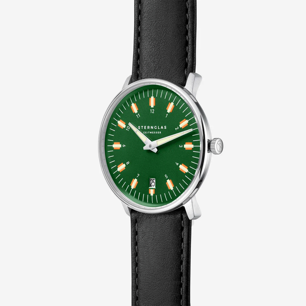 Sternglas EGOR 38mm Quartz Watch S01-EG08-BR02, Dark Green Dial, Sapphire Crystal, Black Bridle Leather Strap, 5 ATM Water Resistant