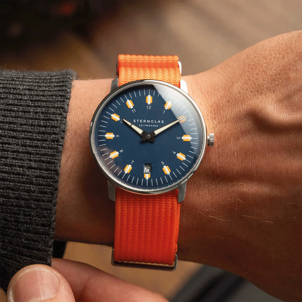 Sternglas EGOR 38mm Quartz Watch S01-EG06-FI02, Dark Blue Dial, Sapphire Crystal, Field Orange Nylon Strap, 5 ATM Water Resistant