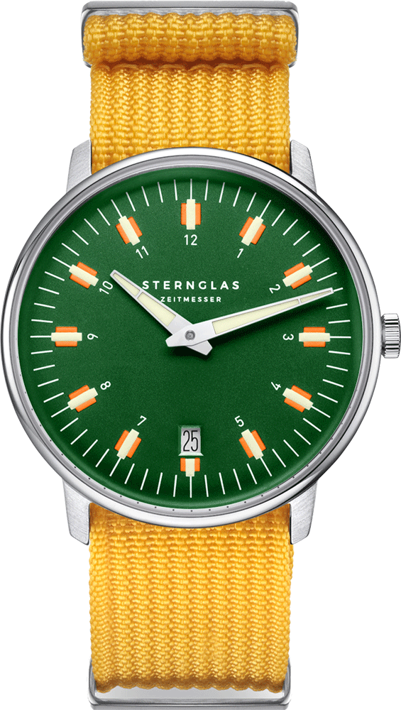 Sternglas EGOR 38mm Quartz Watch S01-EG08-FI01, Dark Green Dial, Sapphire Crystal, Field Yellow Nylon Strap, 5 ATM Water Resistant