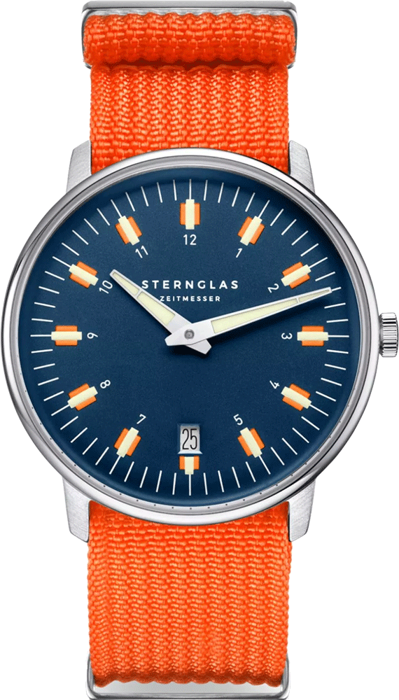 Sternglas EGOR 38mm Quartz Watch S01-EG06-FI02, Dark Blue Dial, Sapphire Crystal, Field Orange Nylon Strap, 5 ATM Water Resistant