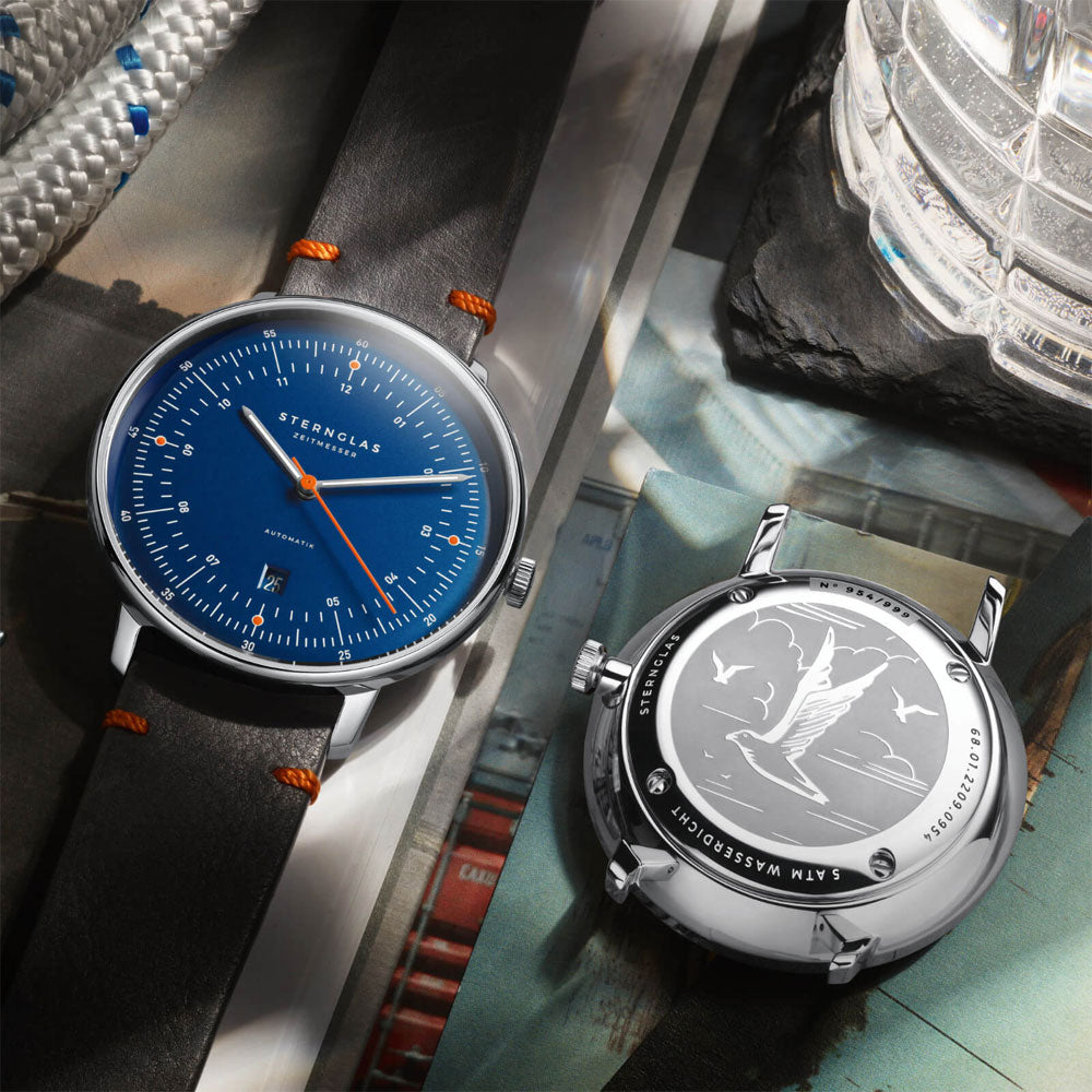Sternglas HAMBURG AUTOMATIK EDITION KÜSTE 42mm Automatic Watch S02-HHK06-EB05, Dark Blue Silver Dial, Sapphire Crystal, Black Leather Strap, 5 ATM Water Resistant