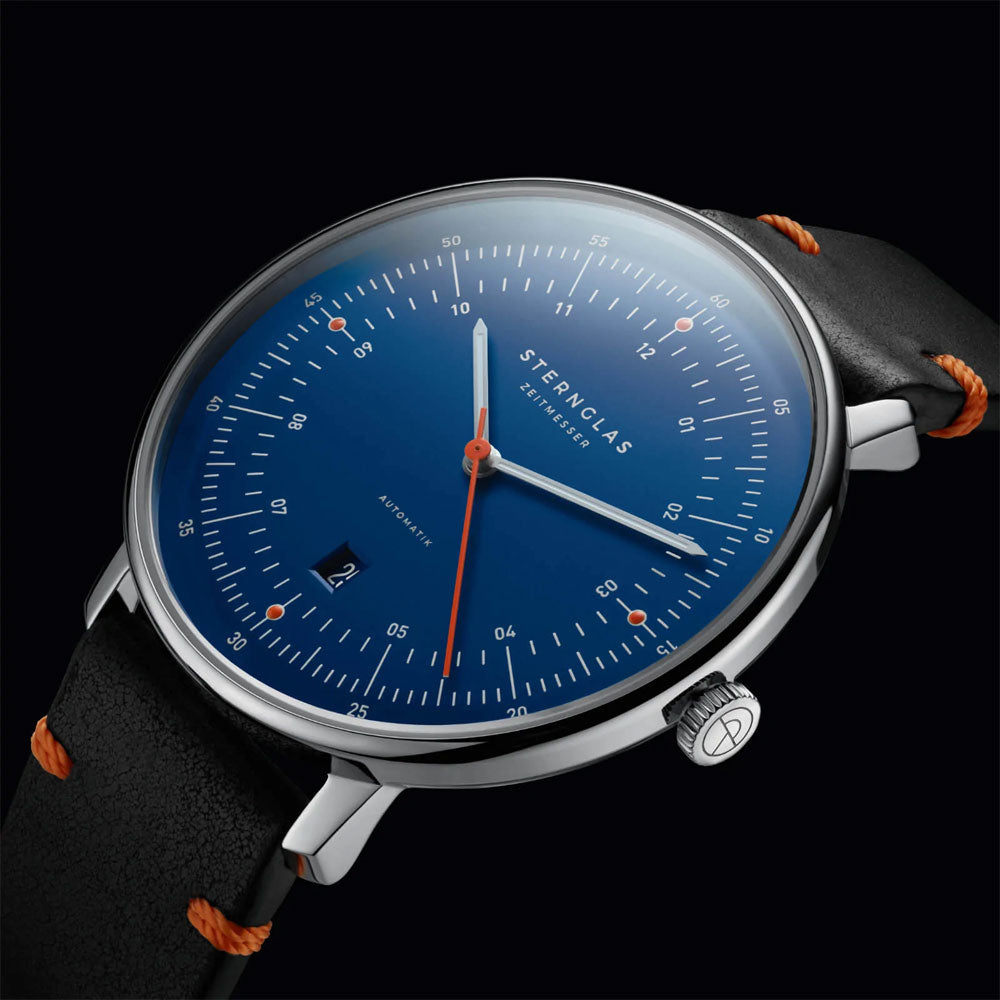 Sternglas HAMBURG AUTOMATIK EDITION KÜSTE 42mm Automatic Watch S02-HHK06-EB05, Dark Blue Silver Dial, Sapphire Crystal, Black Leather Strap, 5 ATM Water Resistant