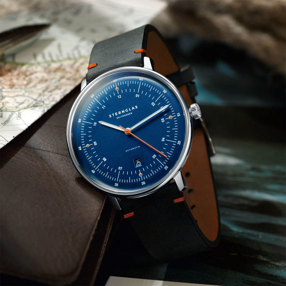 Sternglas HAMBURG AUTOMATIK EDITION KÜSTE 42mm Automatic Watch S02-HHK06-EB05, Dark Blue Silver Dial, Sapphire Crystal, Black Leather Strap, 5 ATM Water Resistant