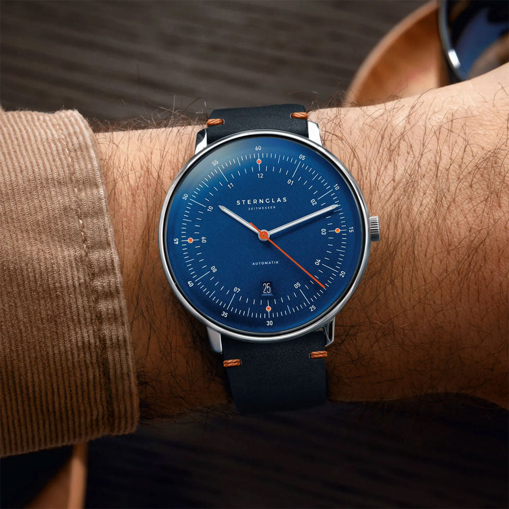 Sternglas HAMBURG AUTOMATIK EDITION KÜSTE 42mm Automatic Watch S02-HHK06-EB05, Dark Blue Silver Dial, Sapphire Crystal, Black Leather Strap, 5 ATM Water Resistant