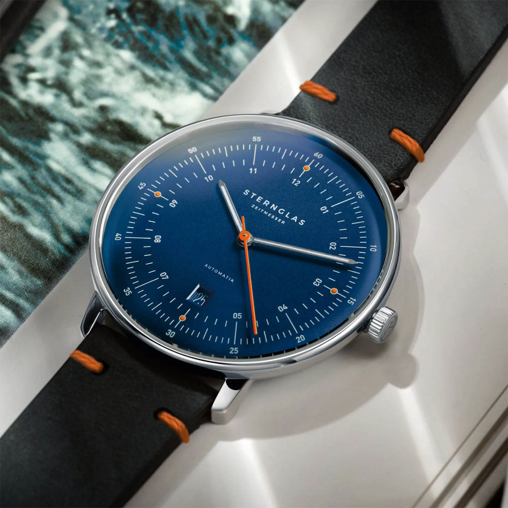 Sternglas HAMBURG AUTOMATIK EDITION KÜSTE 42mm Automatic Watch S02-HHK06-EB05, Dark Blue Silver Dial, Sapphire Crystal, Black Leather Strap, 5 ATM Water Resistant