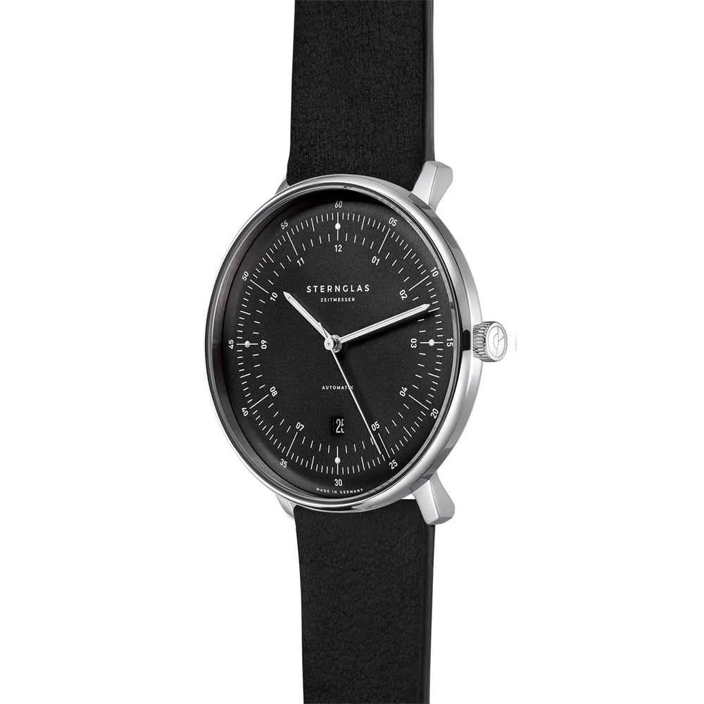 Sternglas HAMBURG 42mm Automatic Watch S02-HH11-PR07, Graphite-Satined Dial, Sapphire Crystal, Premium Black Leather Strap, 5 ATM Water Resistant