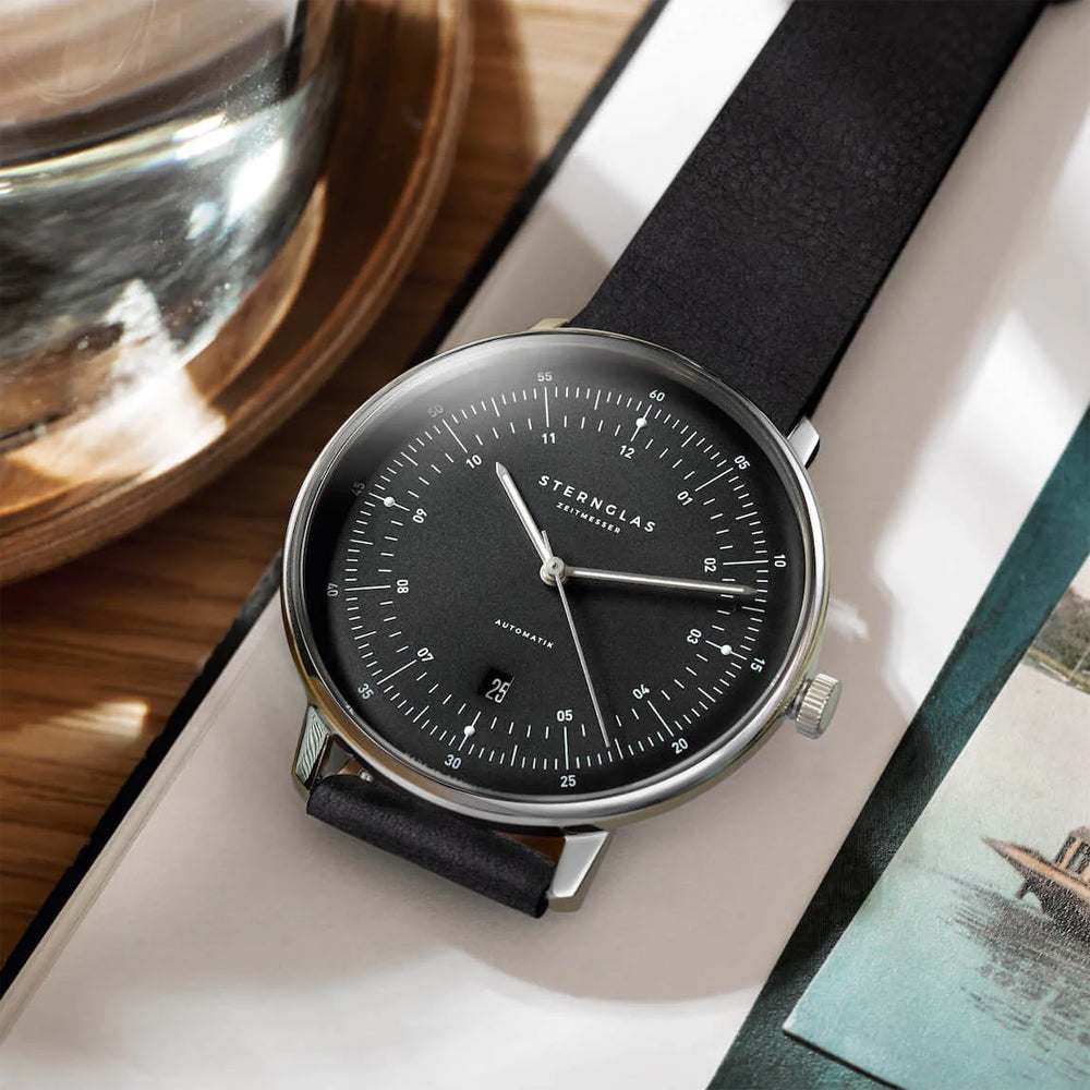 Sternglas HAMBURG 42mm Automatic Watch S02-HH11-PR07, Graphite-Satined Dial, Sapphire Crystal, Premium Black Leather Strap, 5 ATM Water Resistant