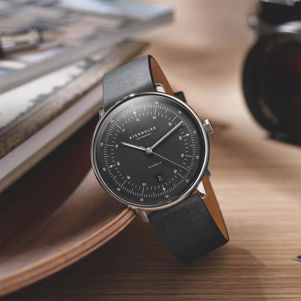 Sternglas HAMBURG 42mm Automatic Watch S02-HH11-PR07, Graphite-Satined Dial, Sapphire Crystal, Premium Black Leather Strap, 5 ATM Water Resistant