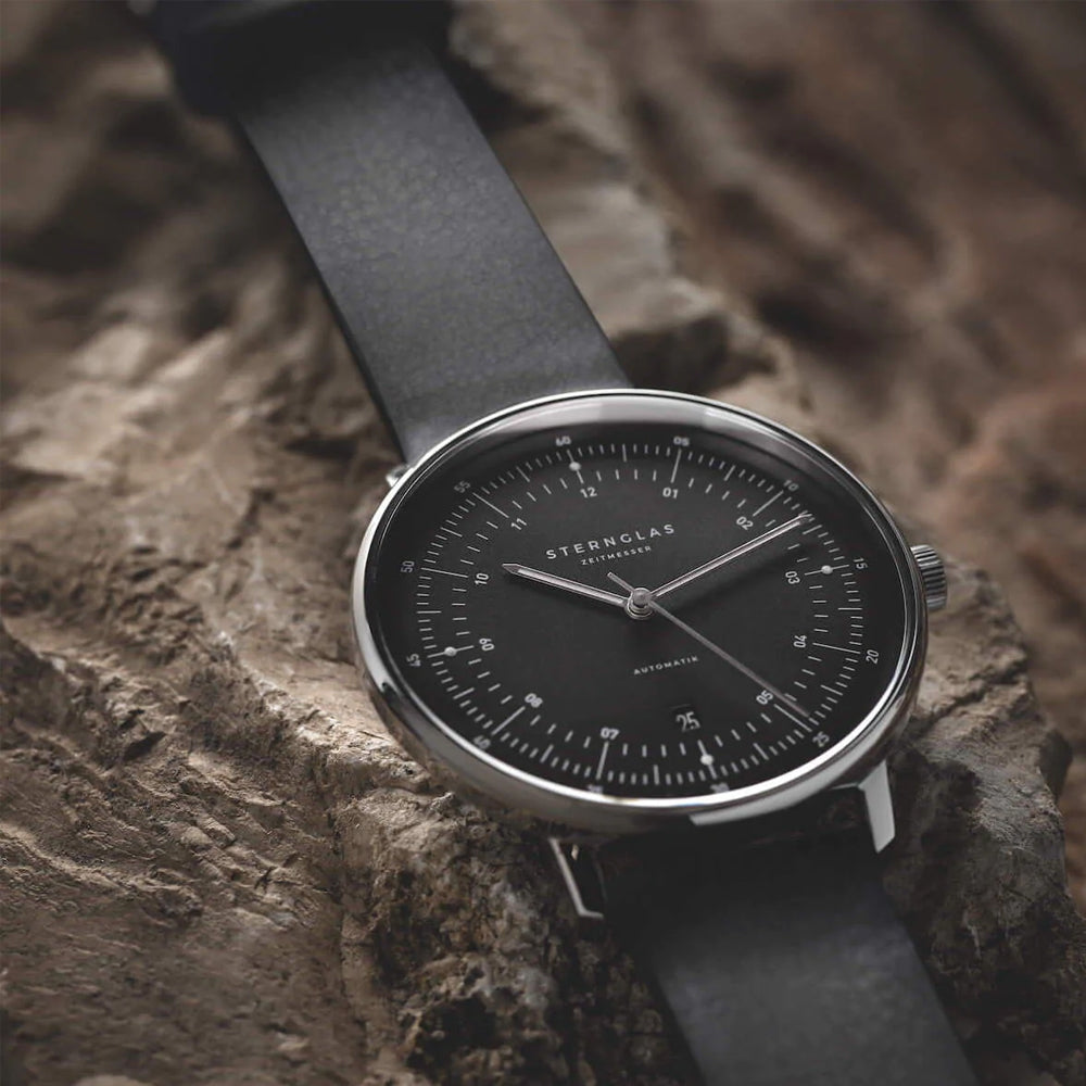 Sternglas HAMBURG 42mm Automatic Watch S02-HH11-PR07, Graphite-Satined Dial, Sapphire Crystal, Premium Black Leather Strap, 5 ATM Water Resistant