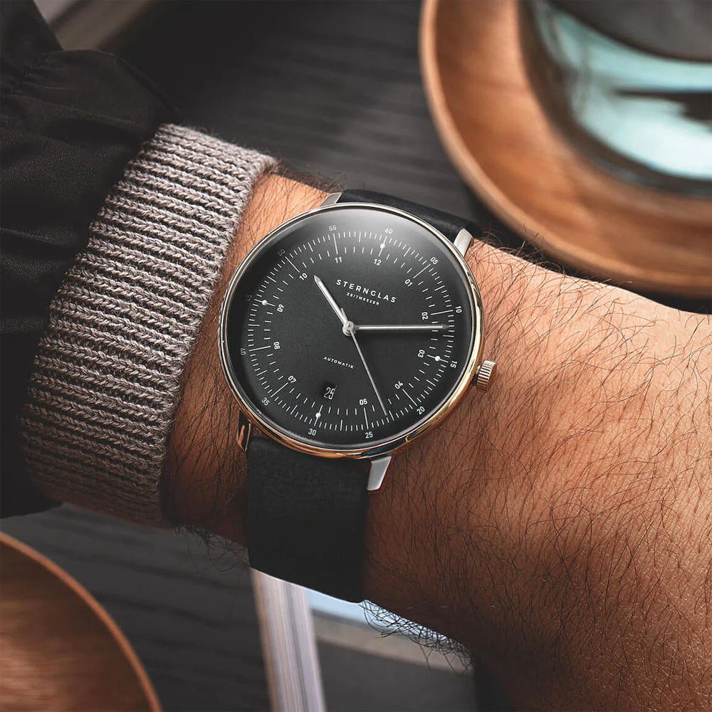 Sternglas HAMBURG 42mm Automatic Watch S02-HH11-PR07, Graphite-Satined Dial, Sapphire Crystal, Premium Black Leather Strap, 5 ATM Water Resistant