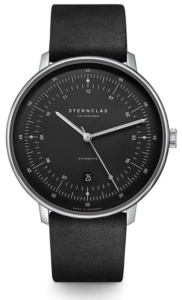 Sternglas HAMBURG 42mm Automatic Watch S02-HH11-PR07, Graphite-Satined Dial, Sapphire Crystal, Premium Black Leather Strap, 5 ATM Water Resistant