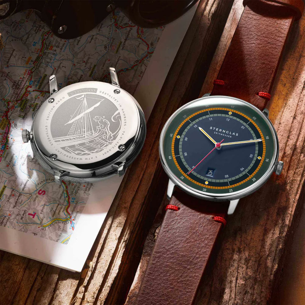 Sternglas HAMBURG EDITION ARGO 42mm Quartz Watch S01-HHA06-EB03, Silver Tone Case, Sapphire Crystal, Brown Leather Strap, 5 ATM Water Resistant