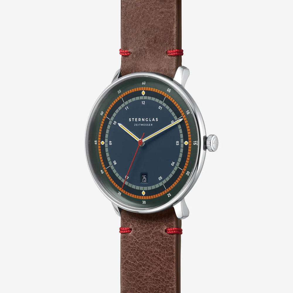 Sternglas HAMBURG EDITION ARGO 42mm Quartz Watch S01-HHA06-EB03, Silver Tone Case, Sapphire Crystal, Brown Leather Strap, 5 ATM Water Resistant