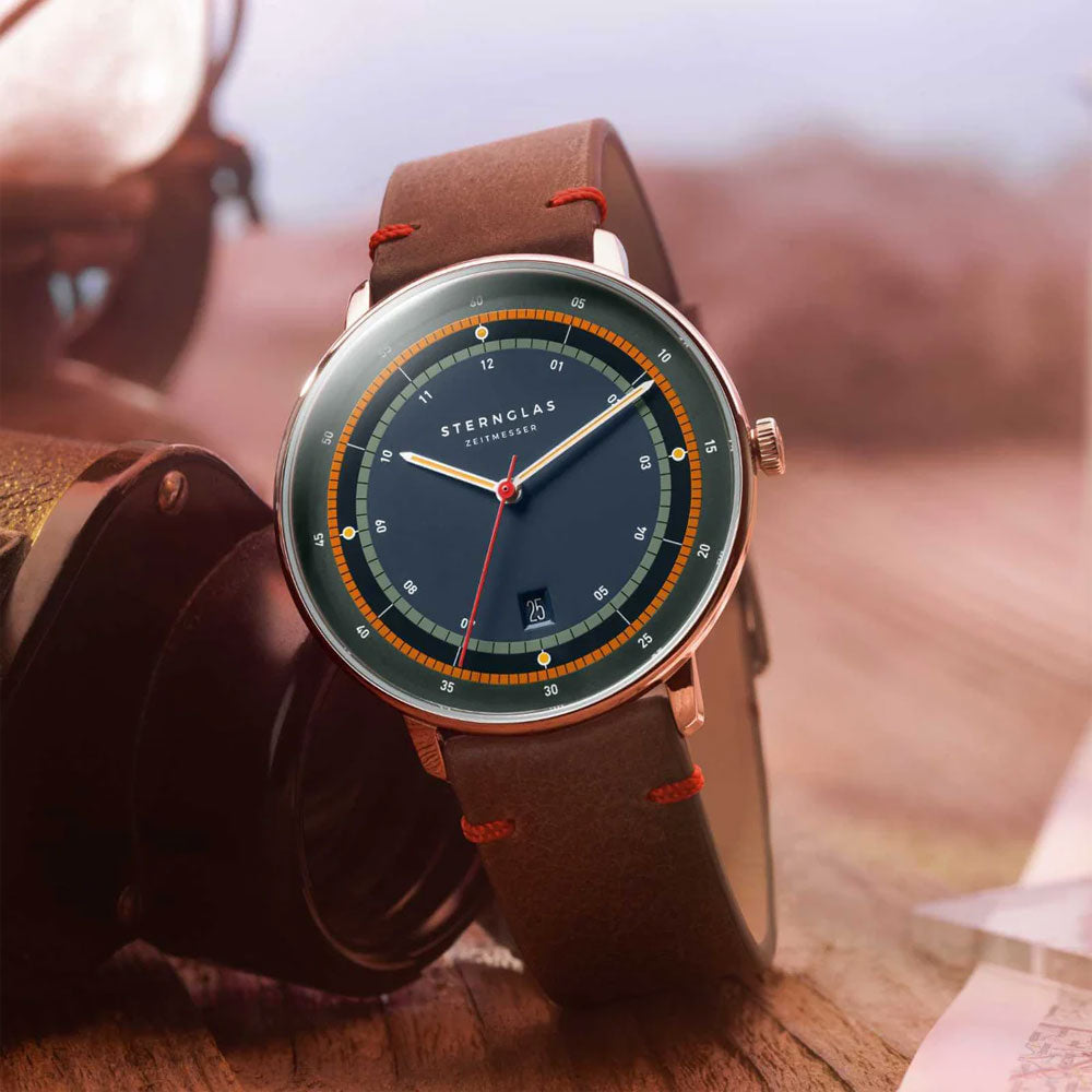 Sternglas HAMBURG EDITION ARGO 42mm Quartz Watch S01-HHA06-EB03, Silver Tone Case, Sapphire Crystal, Brown Leather Strap, 5 ATM Water Resistant