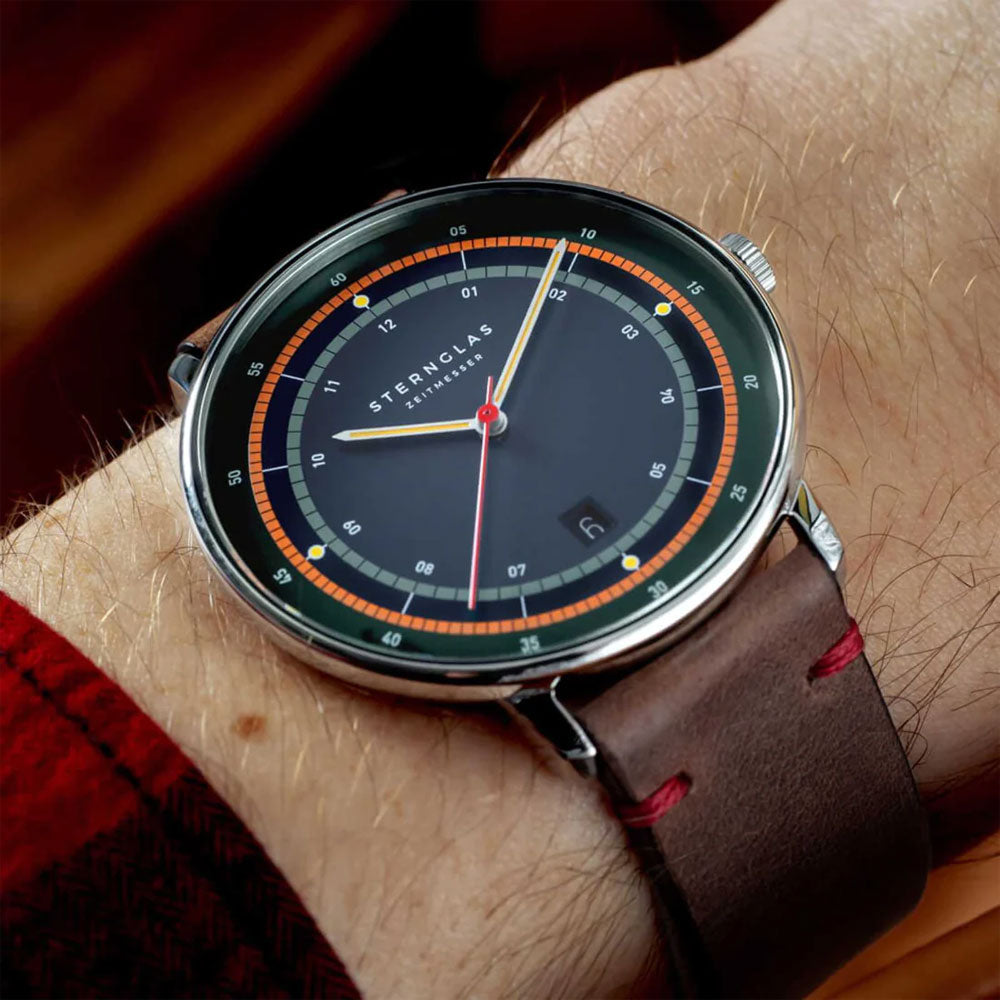 Sternglas HAMBURG EDITION ARGO 42mm Quartz Watch S01-HHA06-EB03, Silver Tone Case, Sapphire Crystal, Brown Leather Strap, 5 ATM Water Resistant