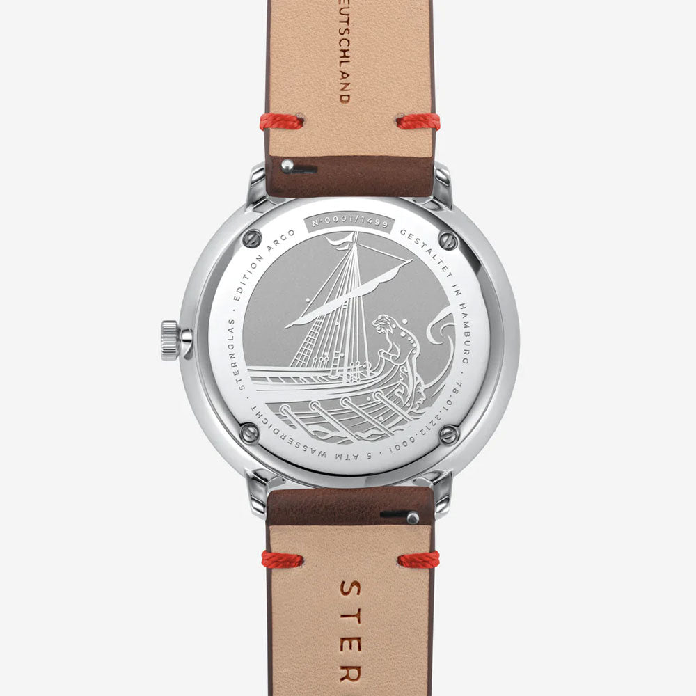 Sternglas HAMBURG EDITION ARGO 42mm Quartz Watch S01-HHA06-EB03, Silver Tone Case, Sapphire Crystal, Brown Leather Strap, 5 ATM Water Resistant