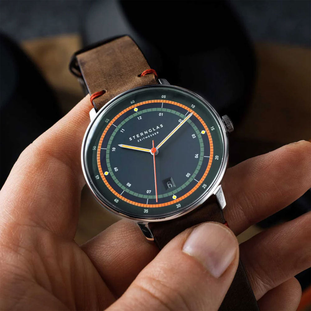 Sternglas HAMBURG EDITION ARGO 42mm Quartz Watch S01-HHA06-EB03, Silver Tone Case, Sapphire Crystal, Brown Leather Strap, 5 ATM Water Resistant