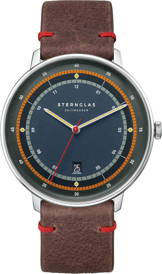 Sternglas HAMBURG EDITION ARGO 42mm Quartz Watch S01-HHA06-EB03, Silver Tone Case, Sapphire Crystal, Brown Leather Strap, 5 ATM Water Resistant