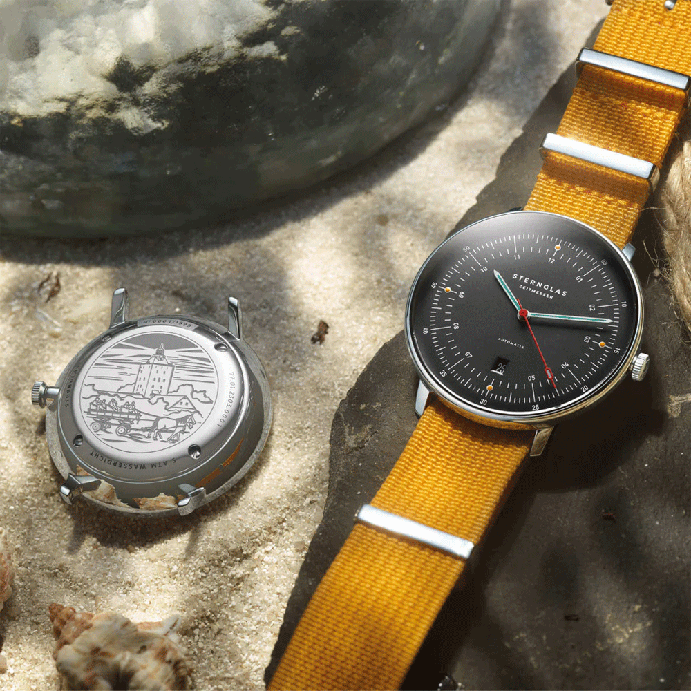 Sternglas Hamburg Automatik Edition Neuwerk 42mm Watch S02-HHN11-FI01 - Storm Grey Dial, Sapphire Crystal, Field Signal Yellow Nylon Strap, 5 ATM Water Resistant