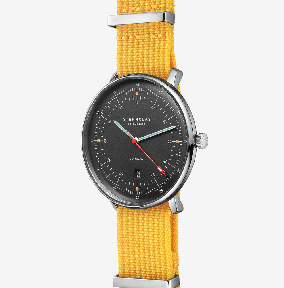 Sternglas Hamburg Automatik Edition Neuwerk 42mm Watch S02-HHN11-FI01 - Storm Grey Dial, Sapphire Crystal, Field Signal Yellow Nylon Strap, 5 ATM Water Resistant