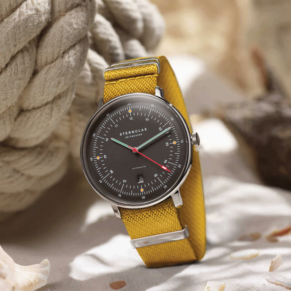 Sternglas Hamburg Automatik Edition Neuwerk 42mm Watch S02-HHN11-FI01 - Storm Grey Dial, Sapphire Crystal, Field Signal Yellow Nylon Strap, 5 ATM Water Resistant